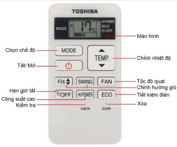 Các phím chức năng của điều khiển máy lạnh Toshiba 9 nút